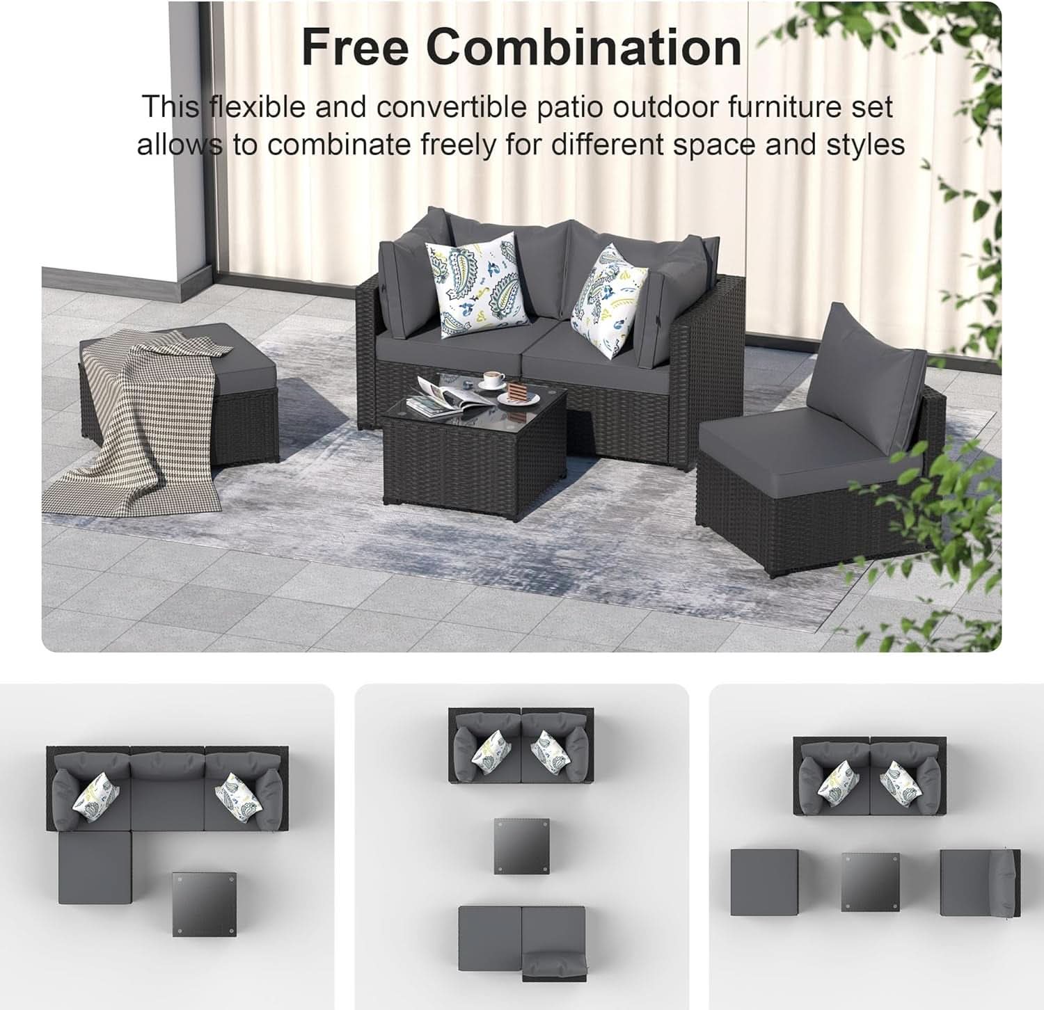 5 Piece Patio Furniture Set Waterproof Rattan Grey Cushions