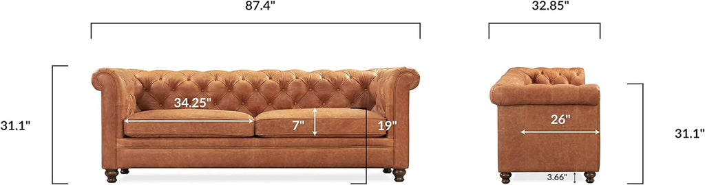 Lyon 87.4 Inch Cognac Tan Sofa Full Grain Leather Finish