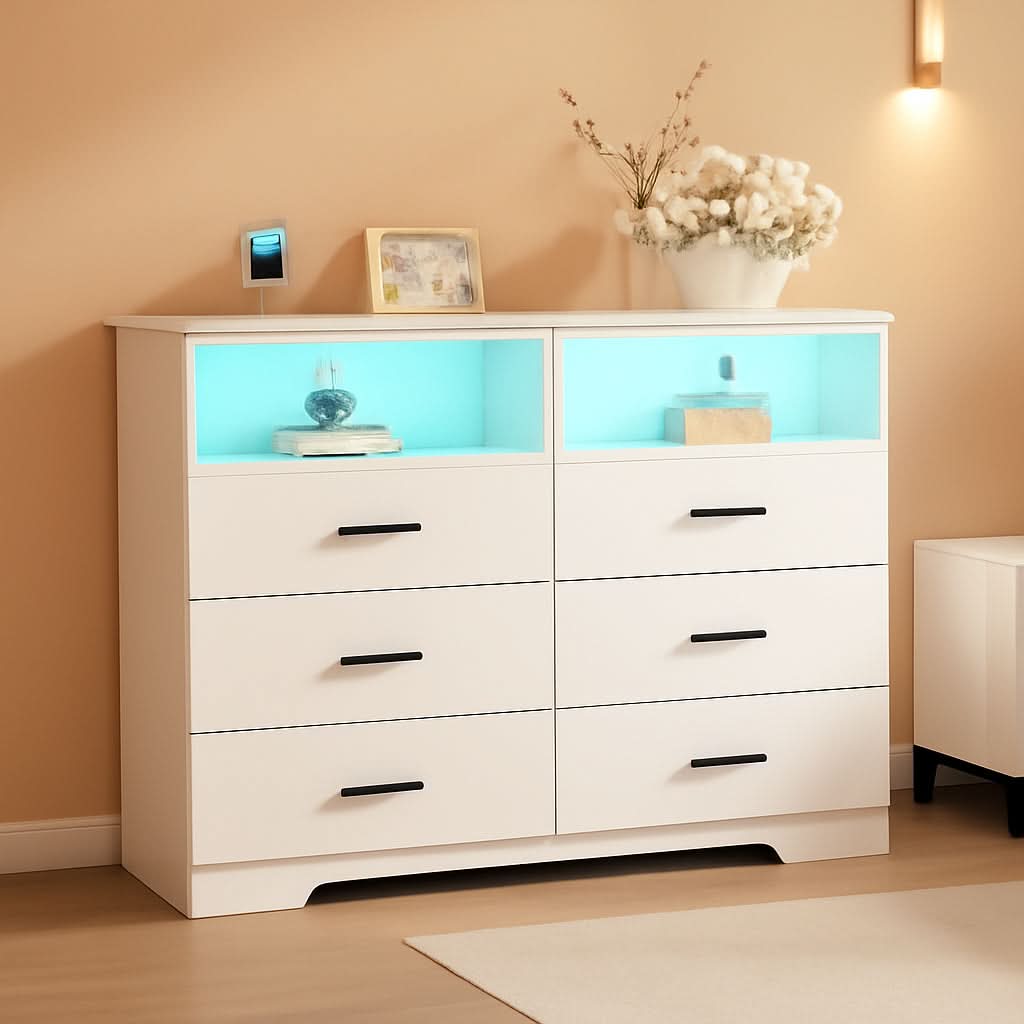 Tall White Six Drawer Dresser With Built In Power Outlets
