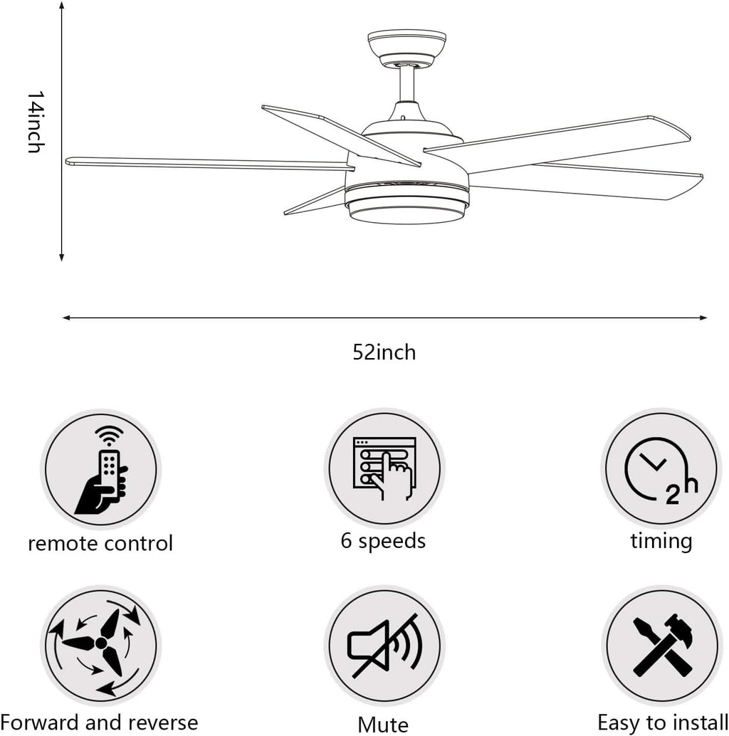 52 Inch Black Ceiling Fan With Dimmable 3 Color LED Lights And Remote