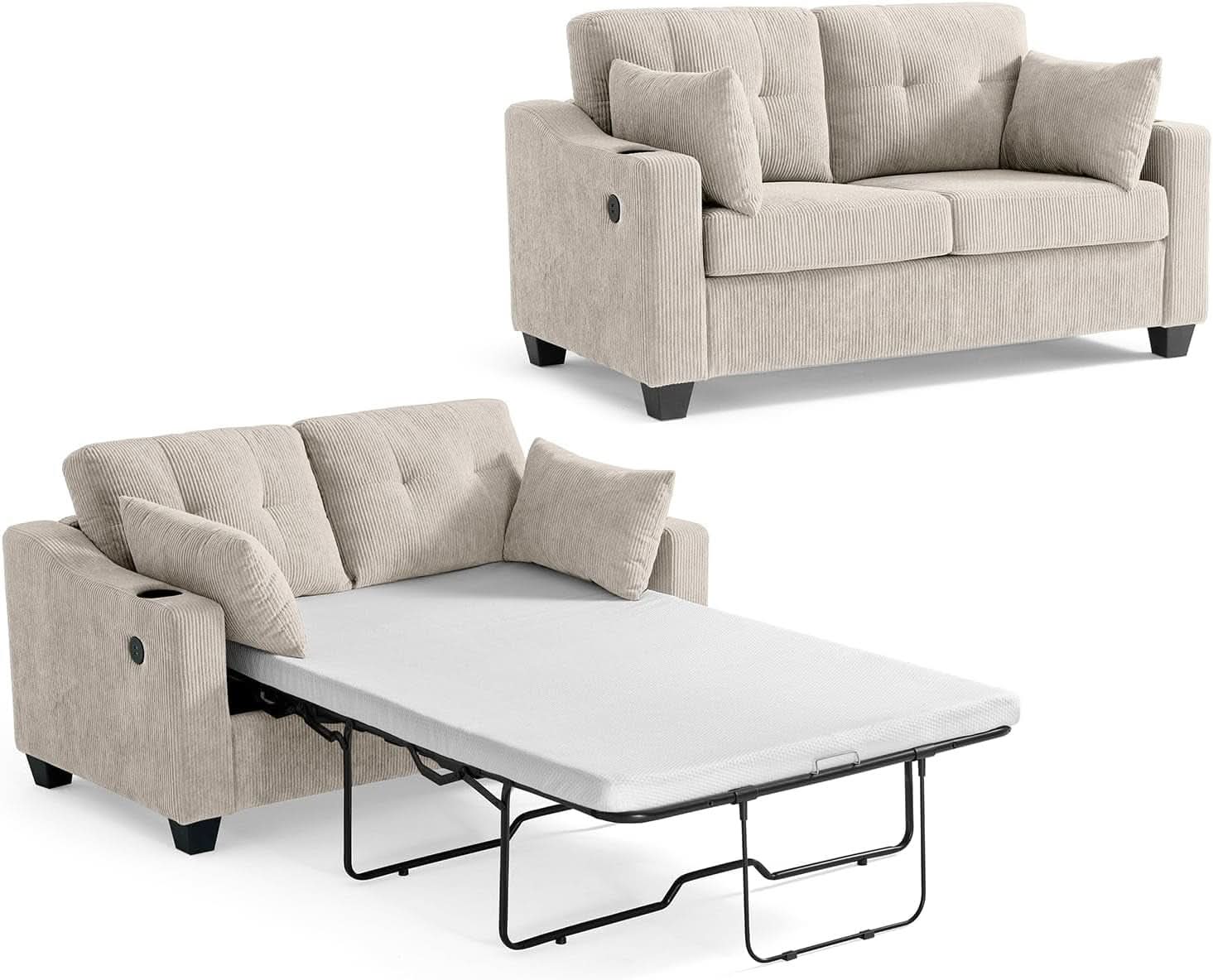 Full Size Corduroy Transformable Sofa Bed USBChargingPort