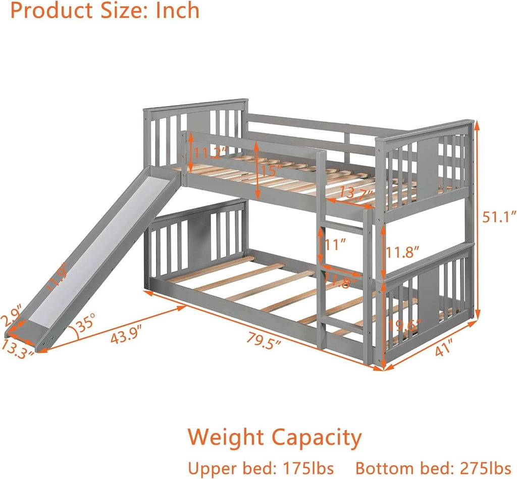 Twin Over Twin Bunk Bed With Slide In Gray For Kids