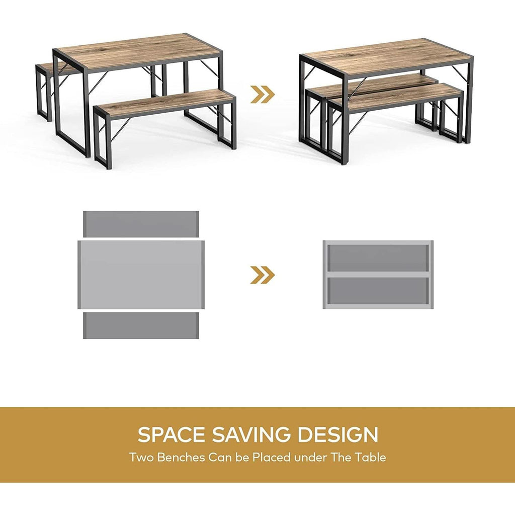 Dining Table Set For 4 With 2 Benches Gray Finish Modern