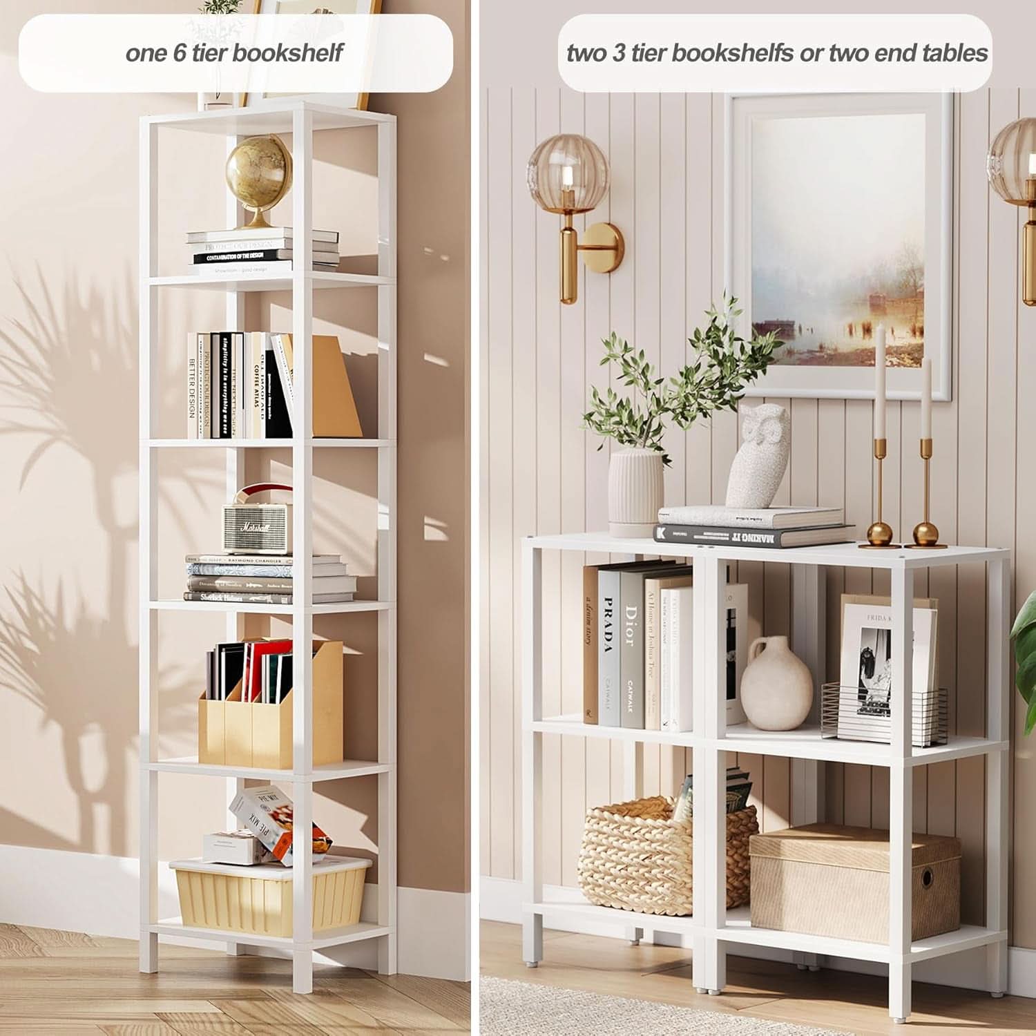 Six Tier Tall White Bookshelf For Small Spaces Living Room