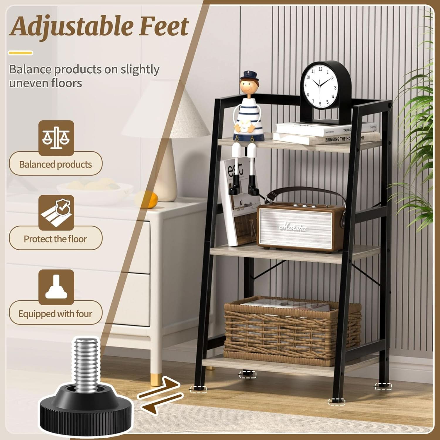 3-Tier Ladder Bookshelf With Steel Frame Greige Black