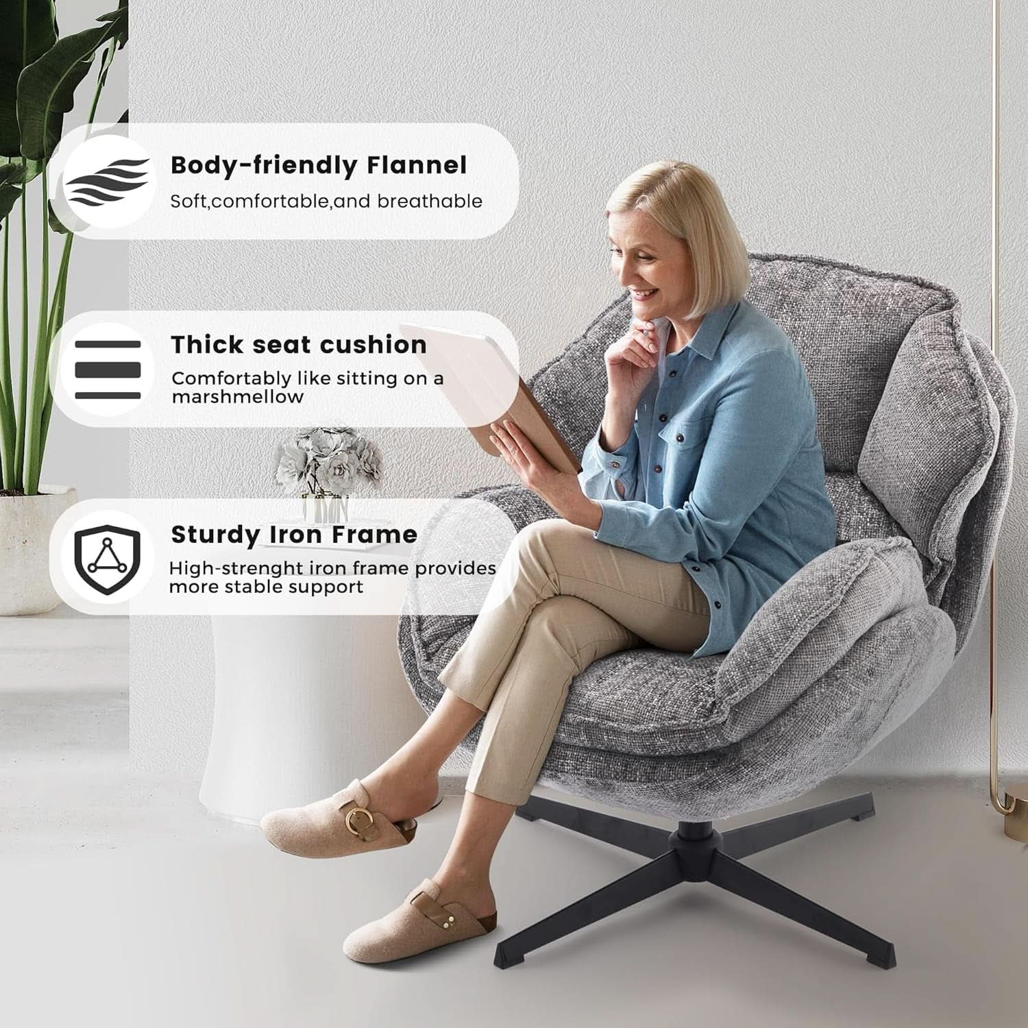Gray Swivel Upholstered Accent Chair With Metal Legs