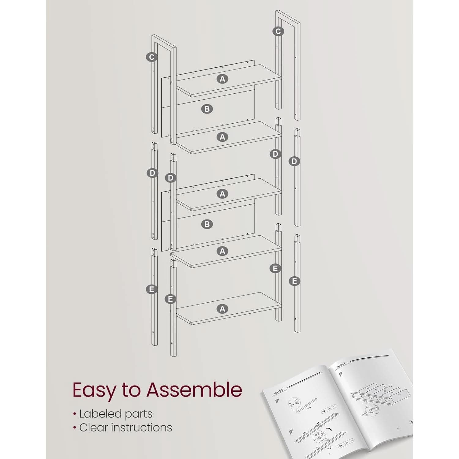 5 Tier Bookshelf Steel Frame 9.4Dx24.4Wx65H Greige Black