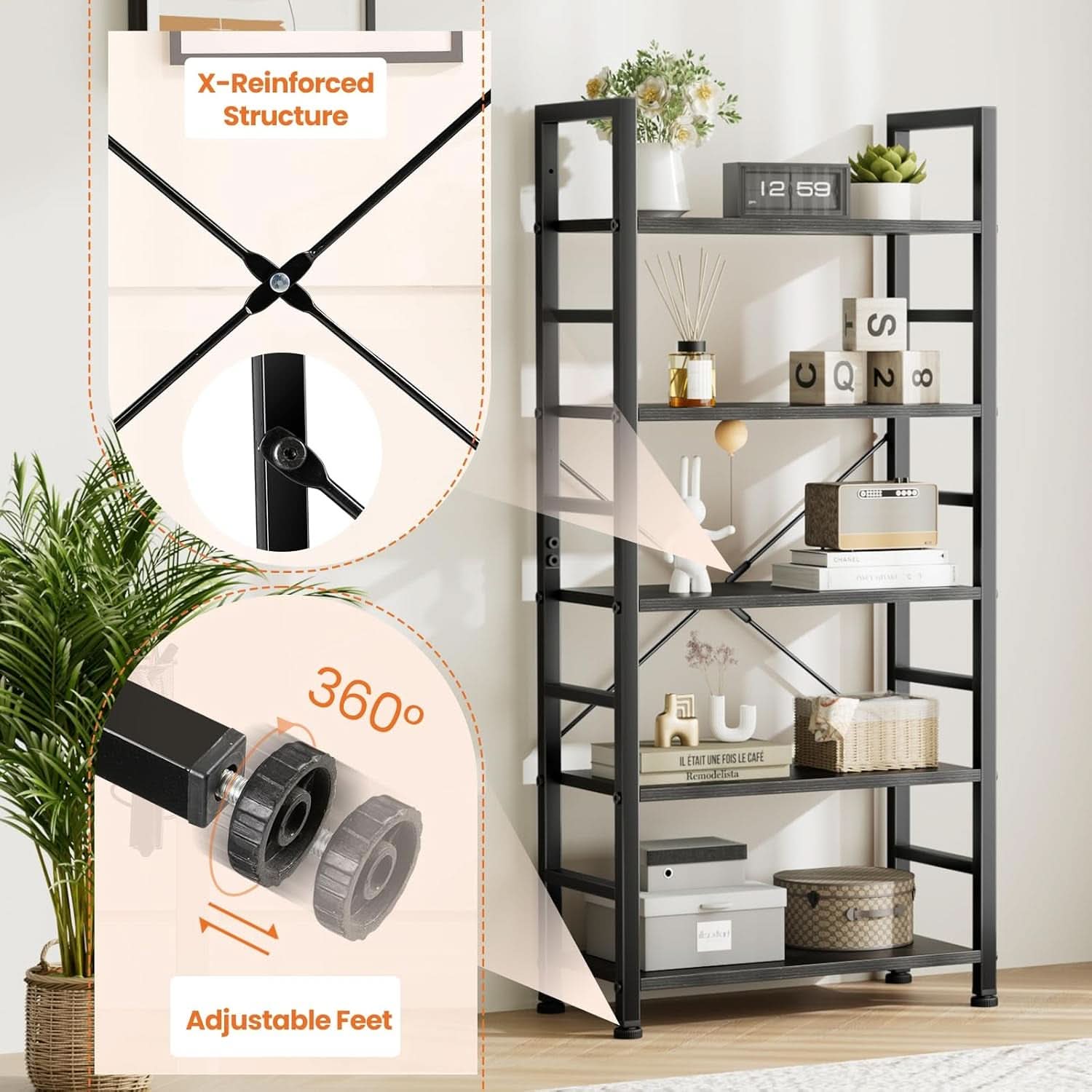 Black 5 Tier Bookcase Space Saving Tall Studio Home Office