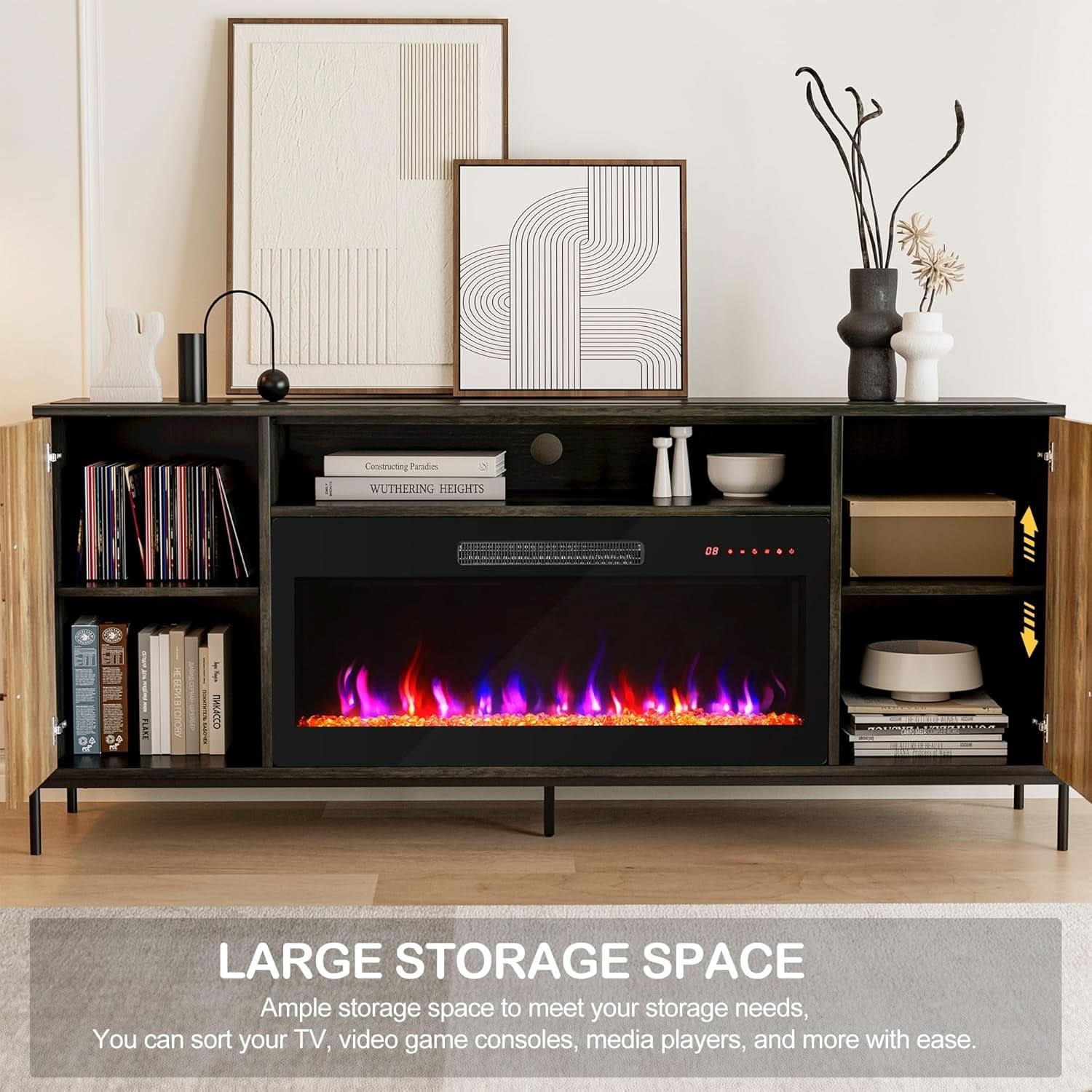 68 Inch TV Stand With 36 Inch Electric Fireplace Heater