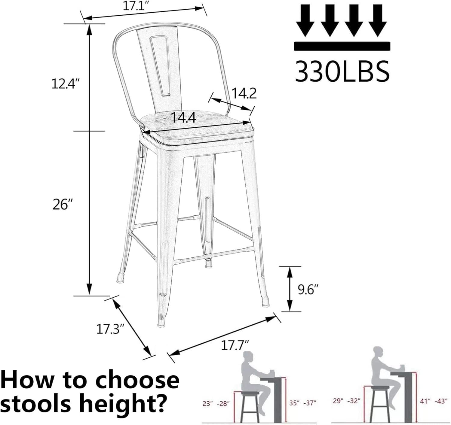 26 Inch Swivel Bar Stools Set Of 4 With Large Wooden Seat Matte Black High Back Design