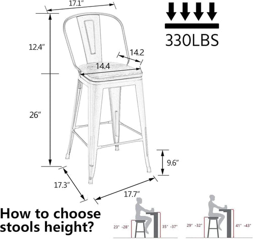 26 Inch Swivel Bar Stools Set Of 4 With Large Wooden Seat Matte Black High Back Design