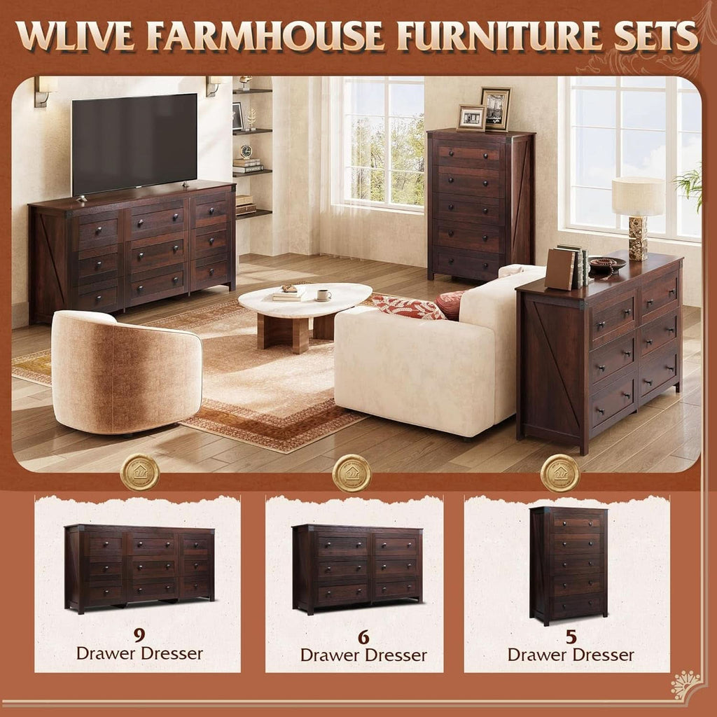 Brown Farmhouse 53 Inch 6 Drawer Dresser Rustic Handles