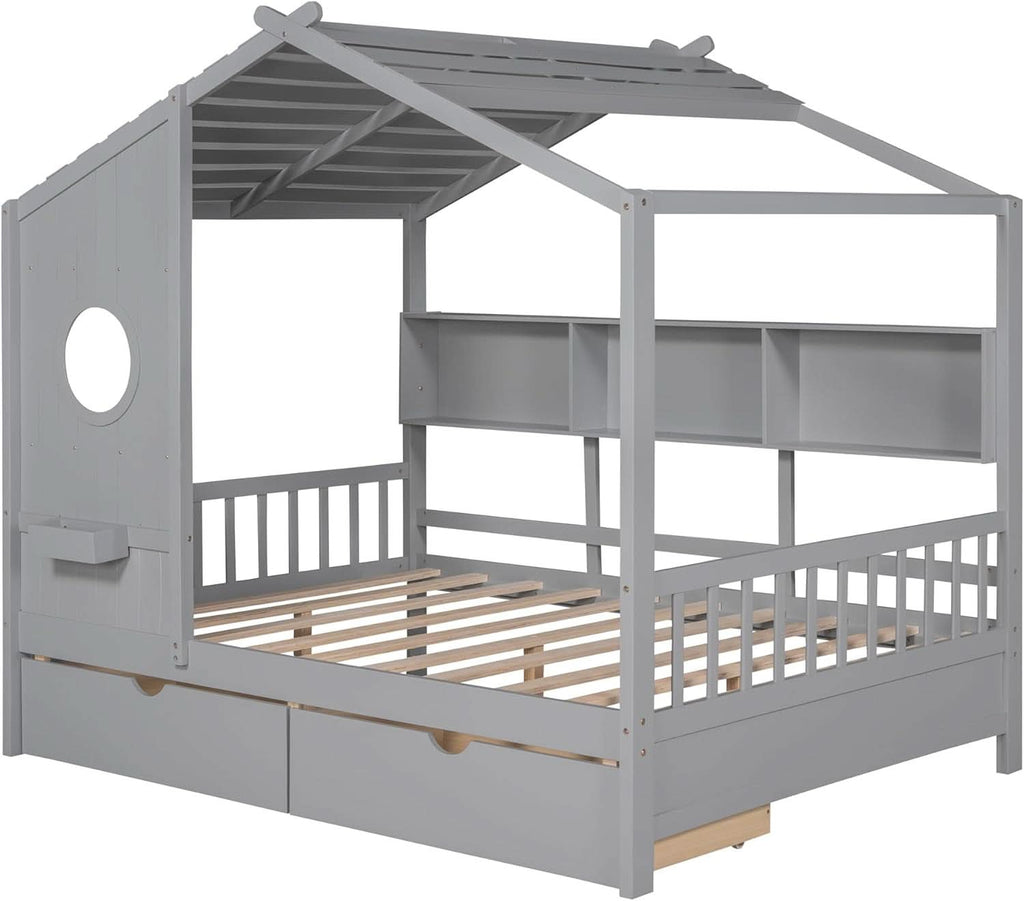 Kids Full Playhouse Bed With Drawers Shelves Storage