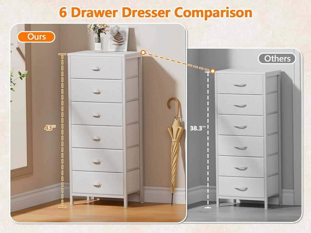 White Tall Dresser With Six Fabric Drawers For Organization