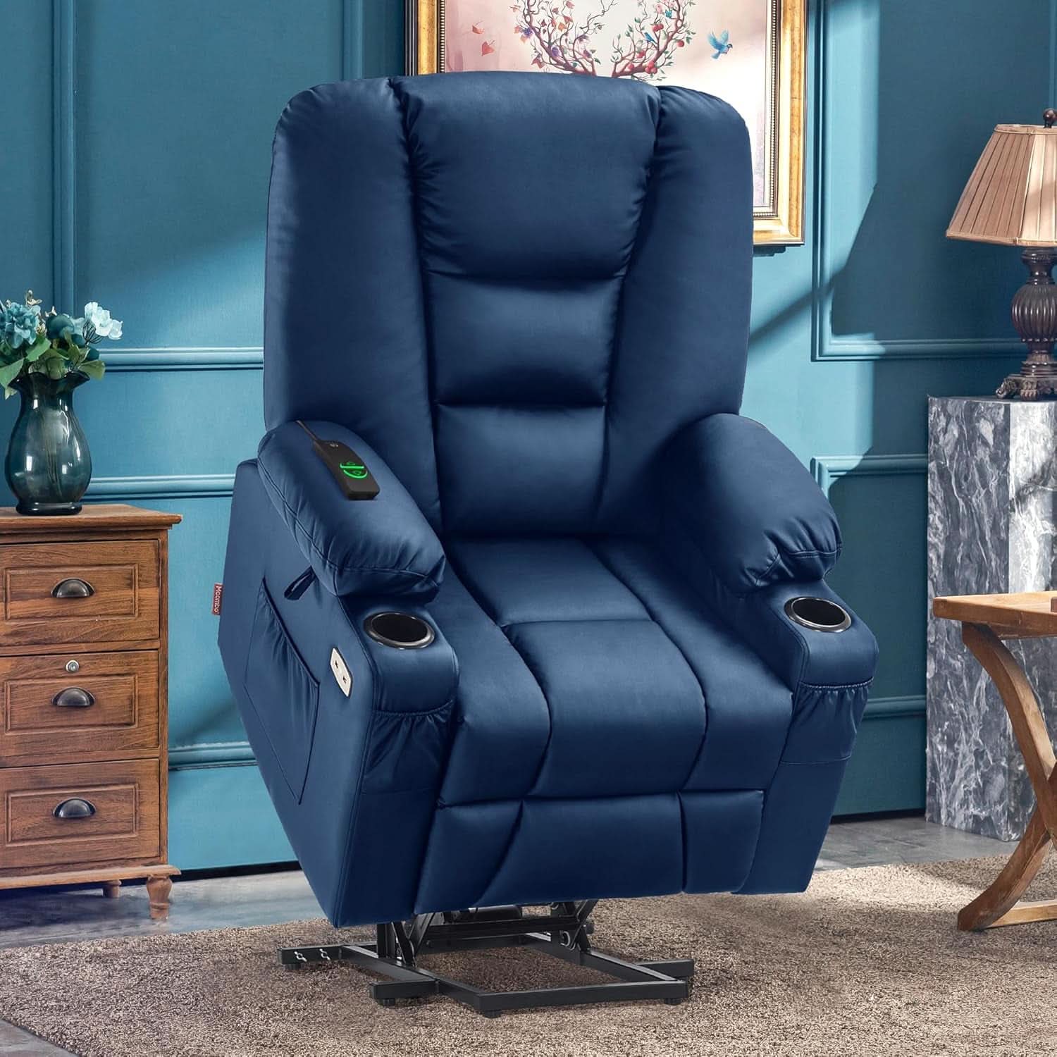 Large Navy Blue Power Lift Recliner Chair With Massage And Heat