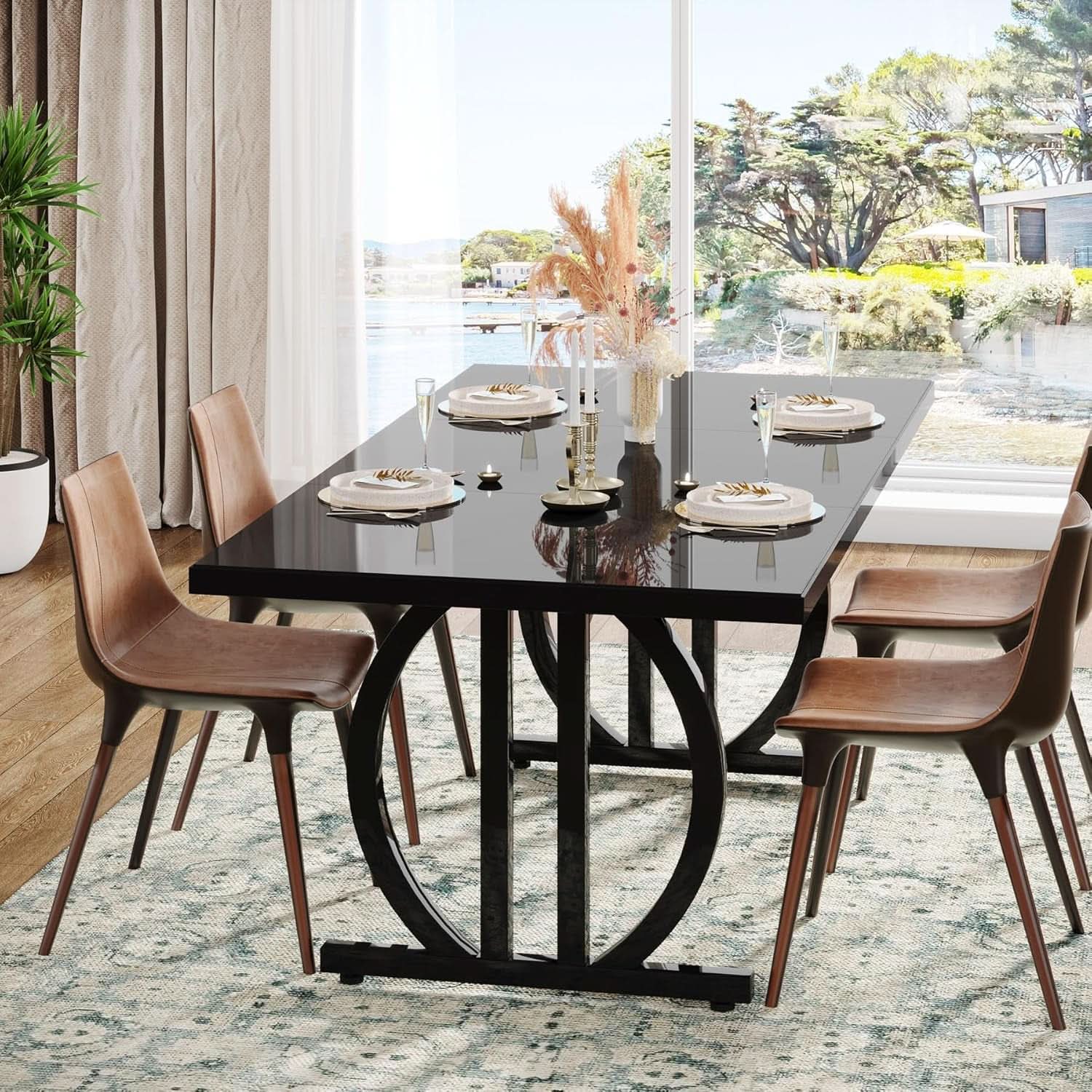 Black 63 Inch Rectangular Dining Table With Thickened Top