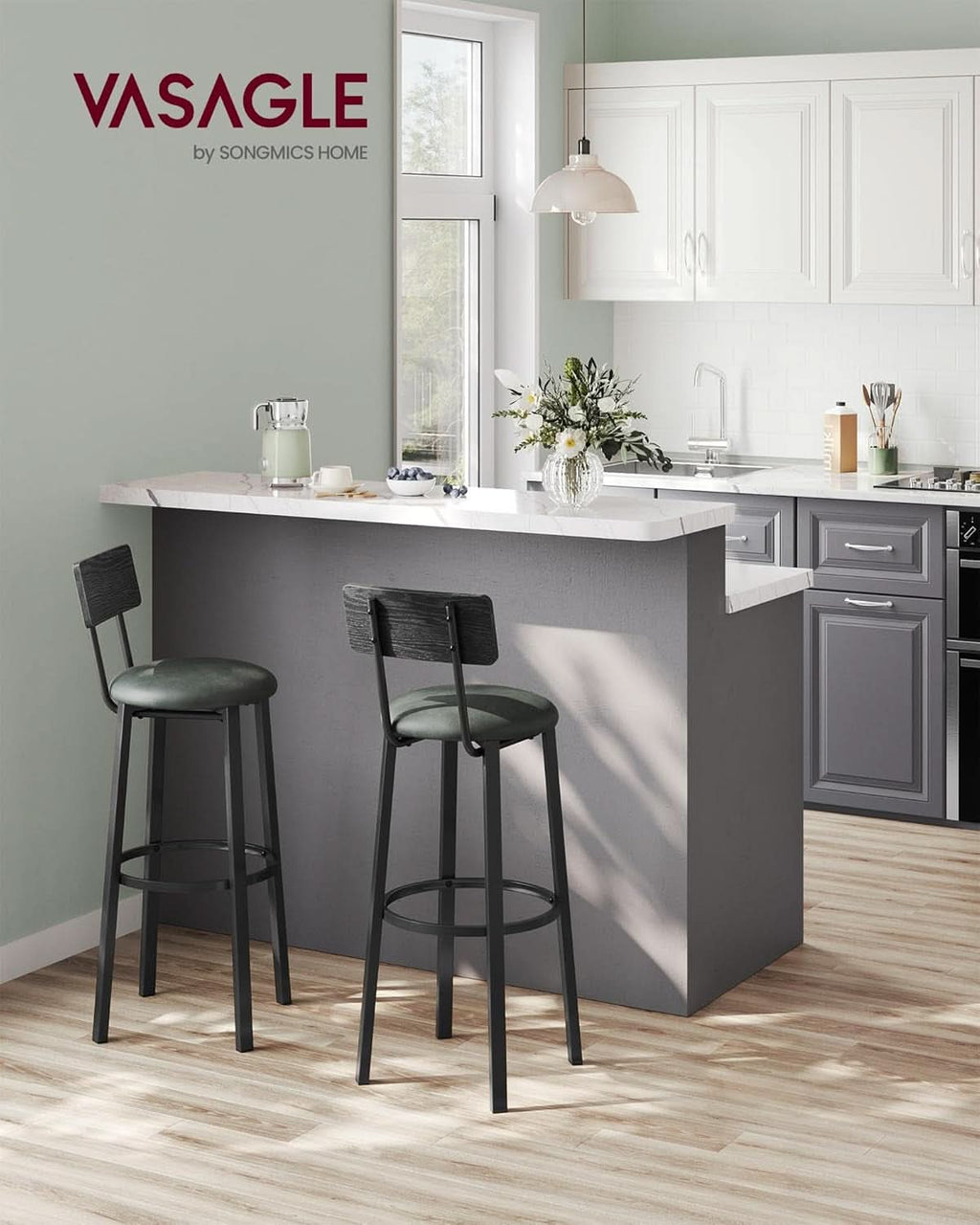 29.7 Inch PU Bar Stools Set Of 2 With Backrest And Footrest