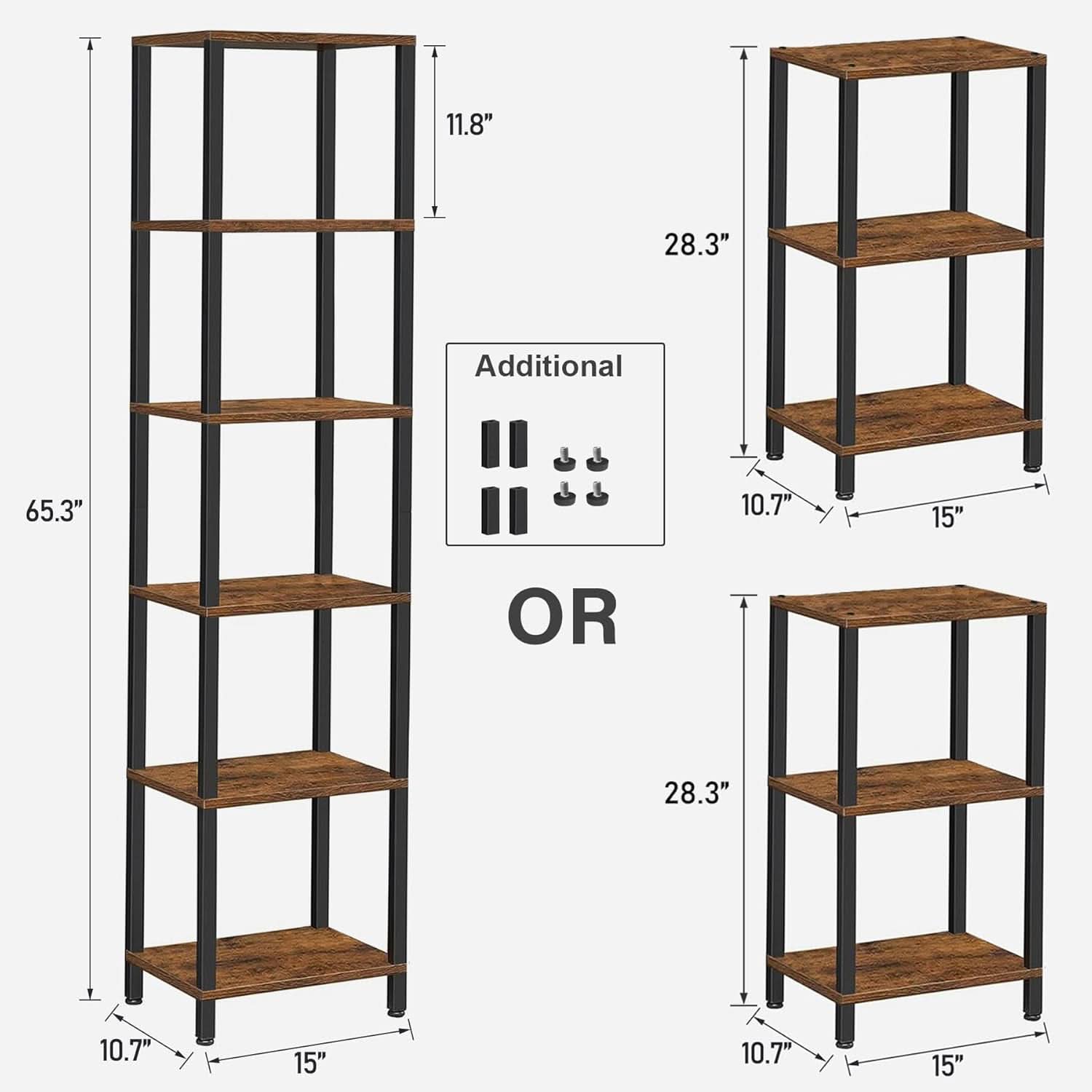 Six Tier Tall Bookshelf Narrow Rustic Brown Bookcase