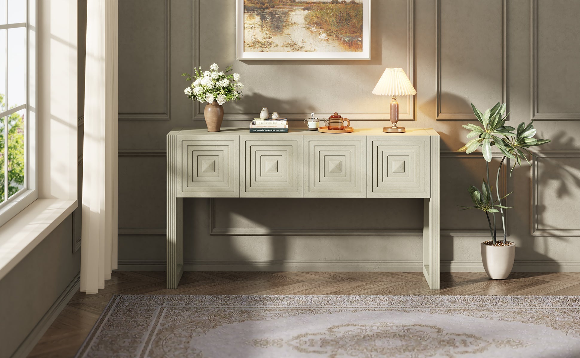 Geometric Carved Console Table with 3 Soft-Close Drawers