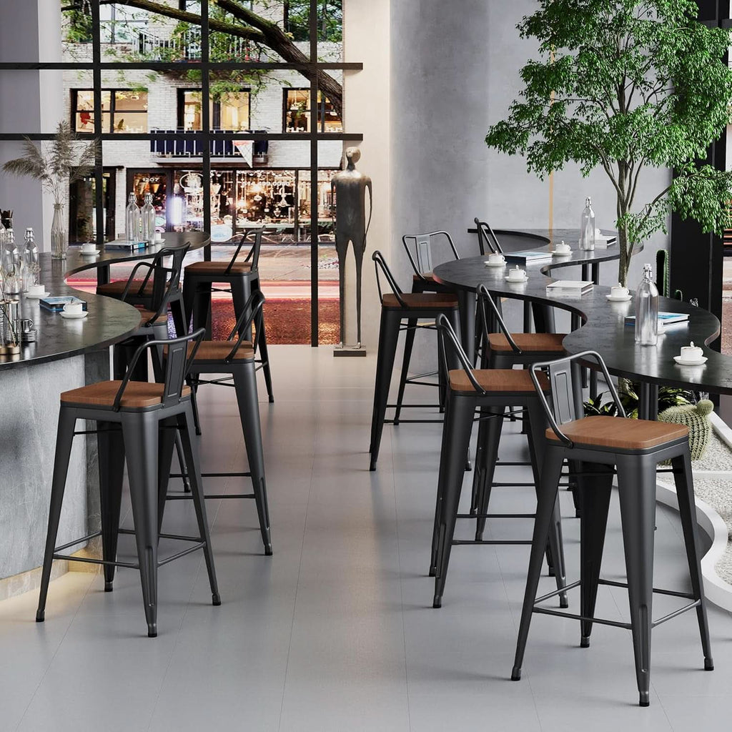 30 Inch Low Back Metal Barstools With Wooden Seat