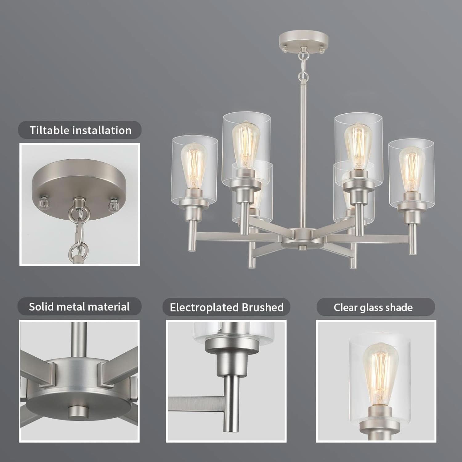 Brushed Nickel Six Light Chandelier With Clear Glass Shades