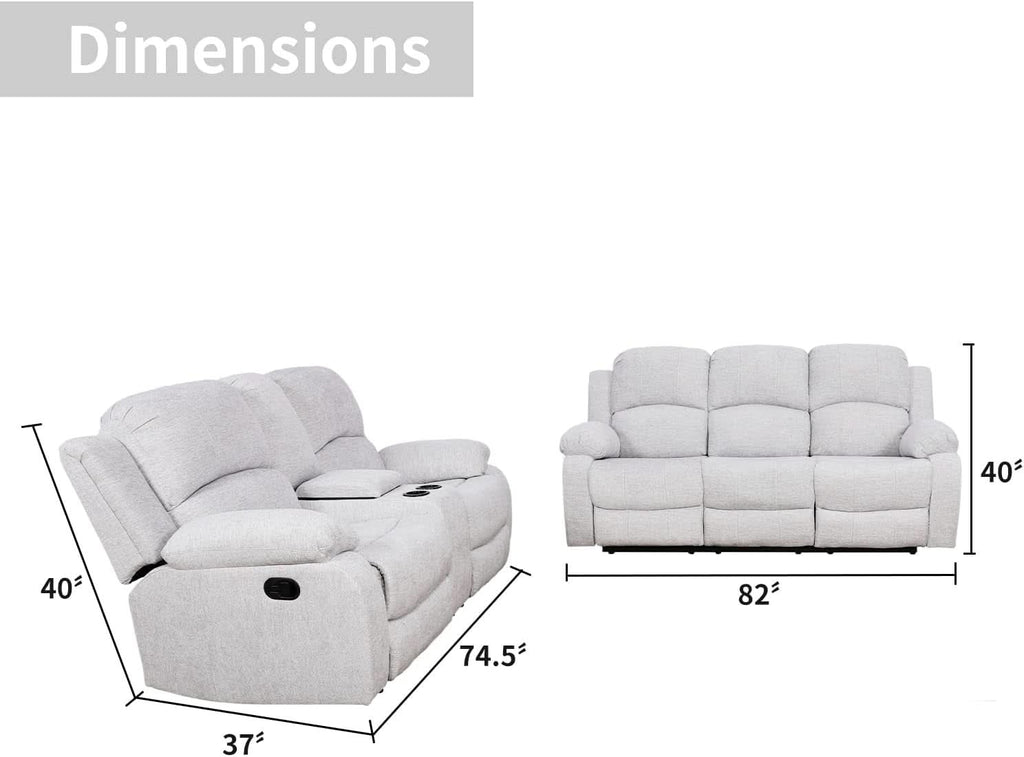 Grey Linen Recliner Sofa Set Featuring Drop Down Table