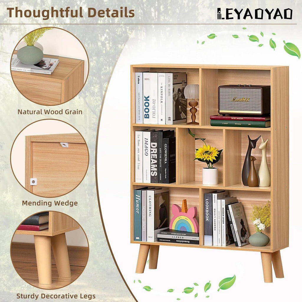 Wooden 7 Cube Bookshelf Natural Finish 3 Tier Freestanding