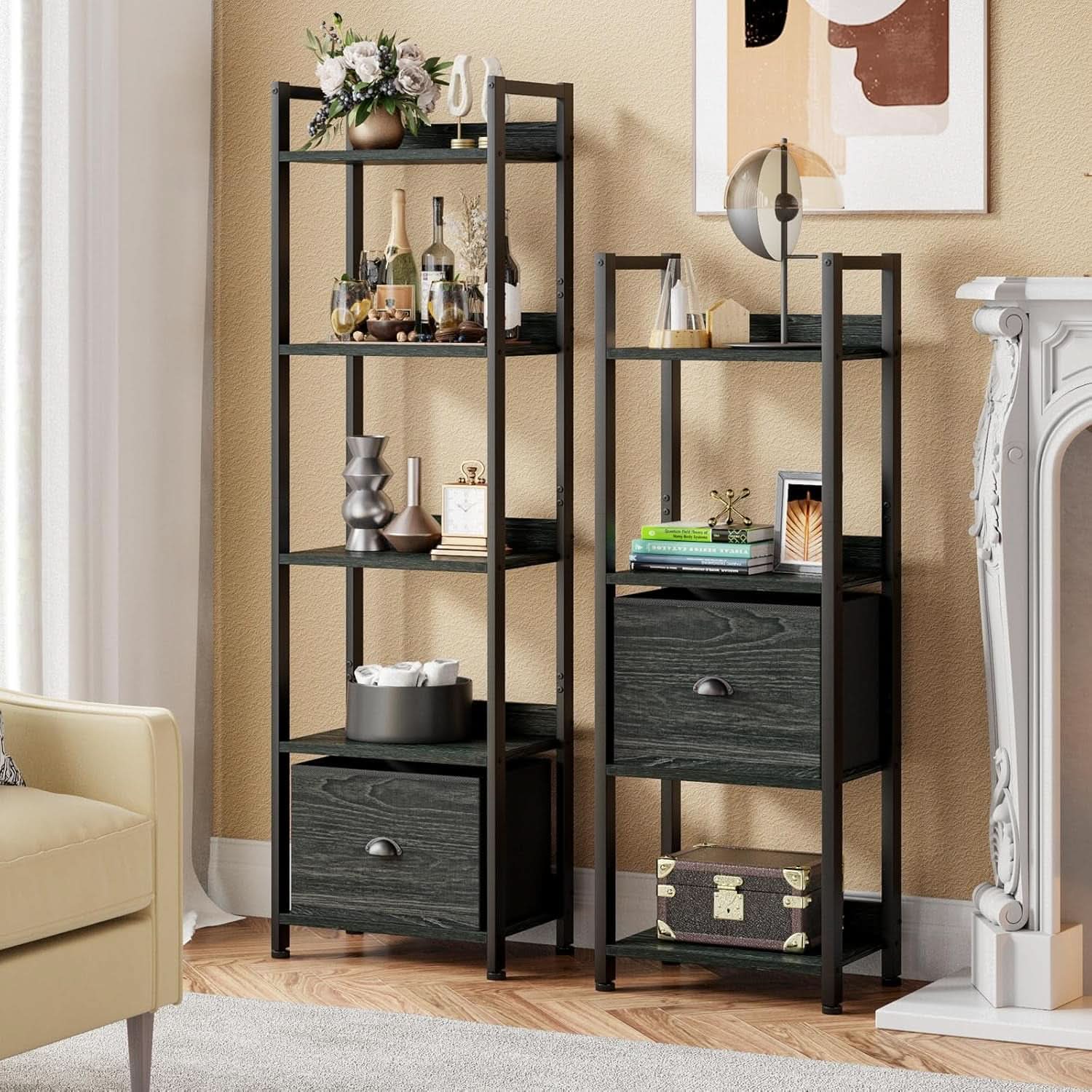 5 Tier Bookshelf With Drawer Black In Modern Rustic Style