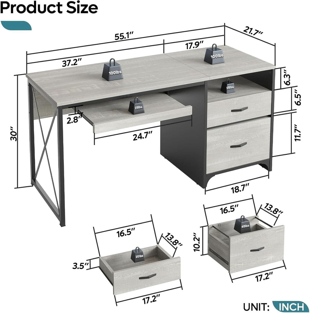 Industrial Office Desk with Storage Drawers and Keyboard Tray
