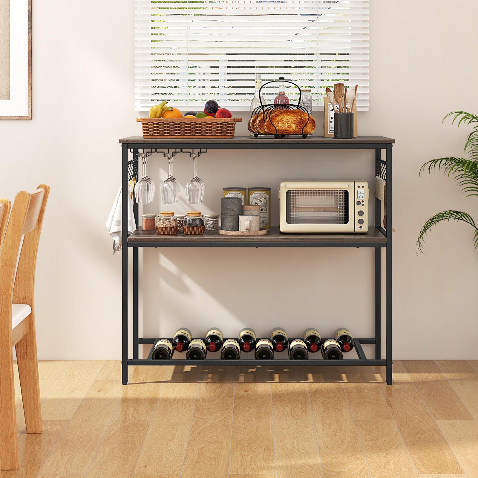 Kitchen Island with 3 Shelves Wine Glass Holders and 10 Hooks-Gray