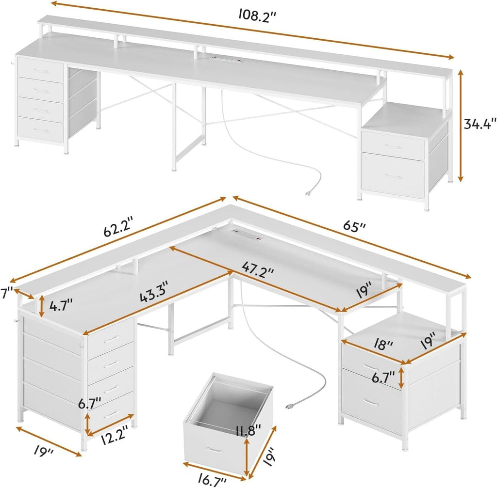L Shaped Desk 108 Inch White Two Person Corner Computer Desk