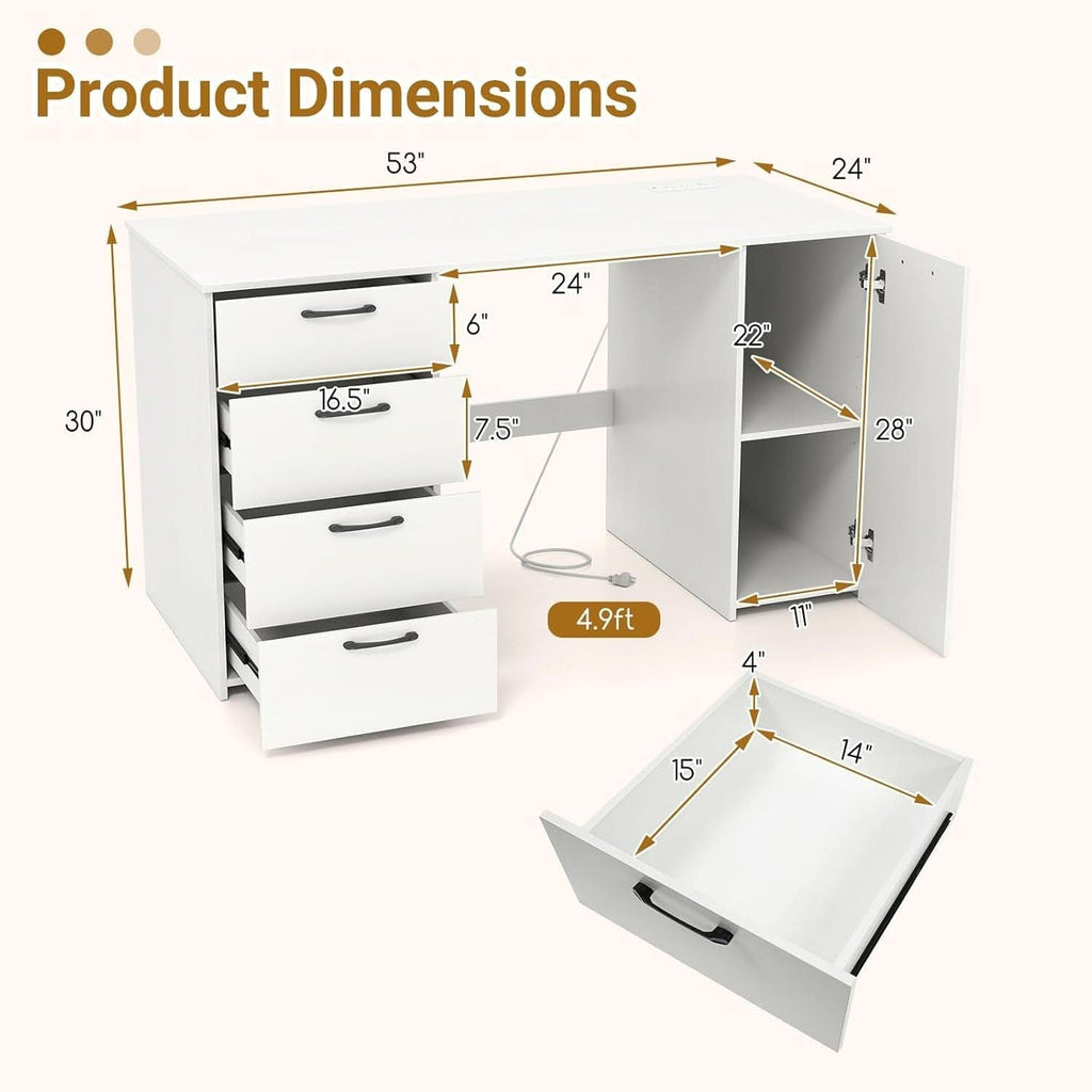 Modern 53 Inch White Computer Desk with Charging Station