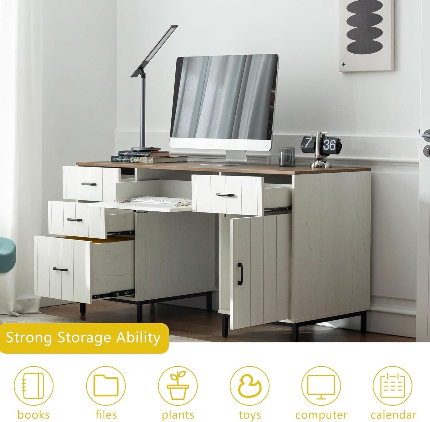 Modern 55 Inch Executive Desk with Charging Station