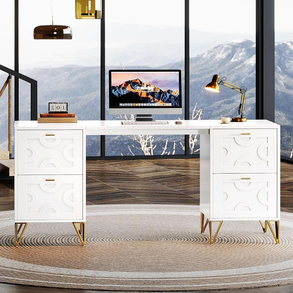 Modern 59 Inch White Executive Computer Desk with Drawers