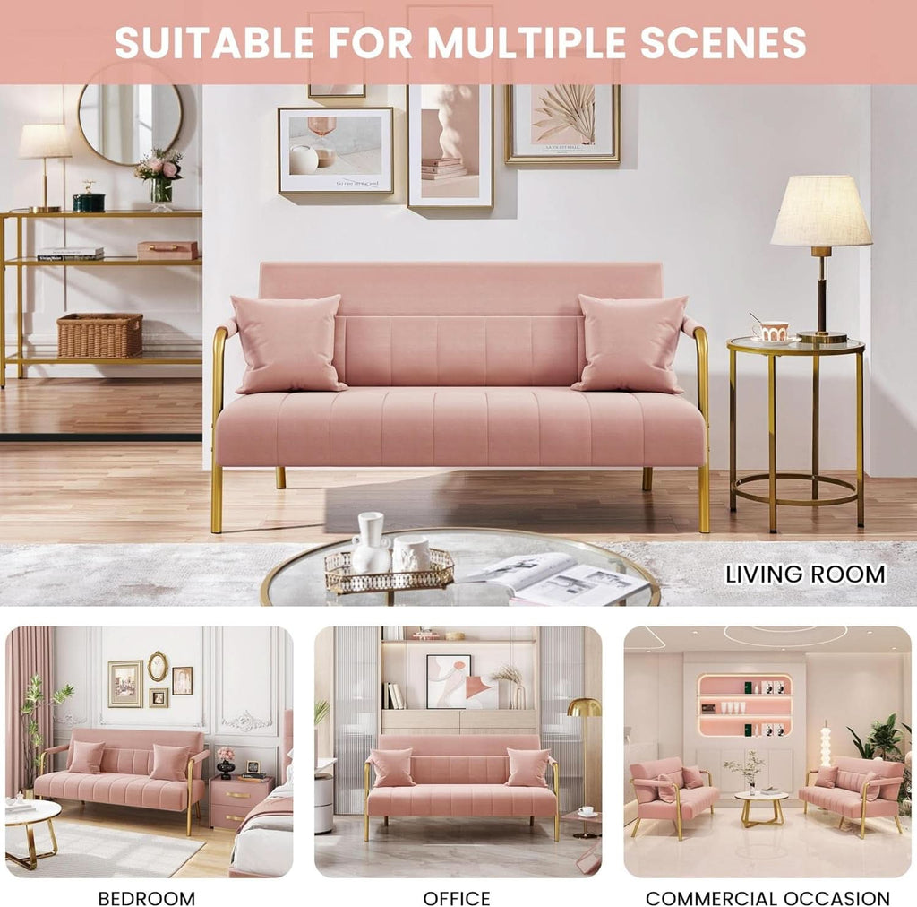 Modern Pink Velvet Sofa with Gold Arms for Living Room