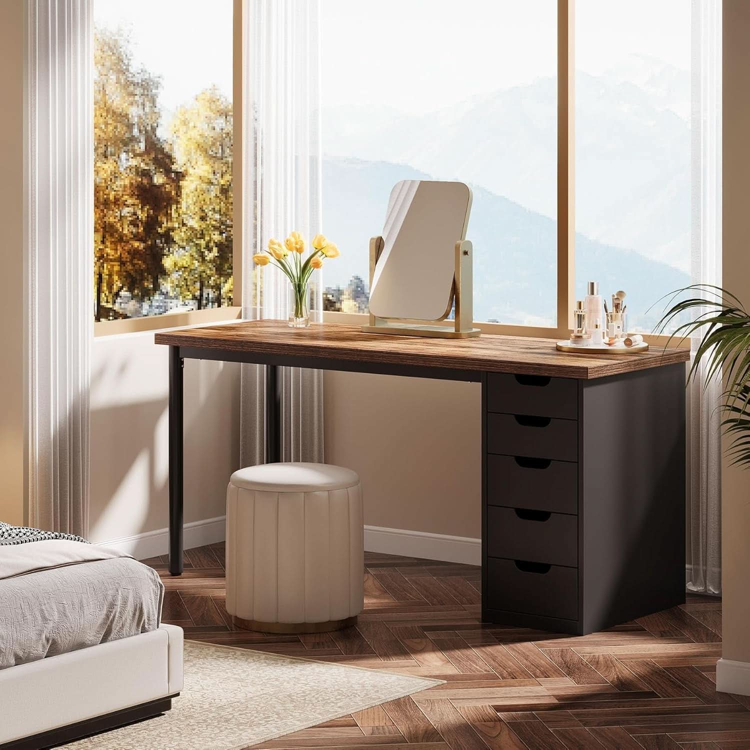 Modern Simple Computer Desk with Reversible Drawers for Space Saving