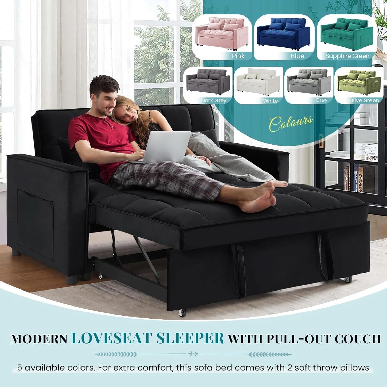 Modern Velvet 3 in 1 Convertible Sleeper Sofa Bed