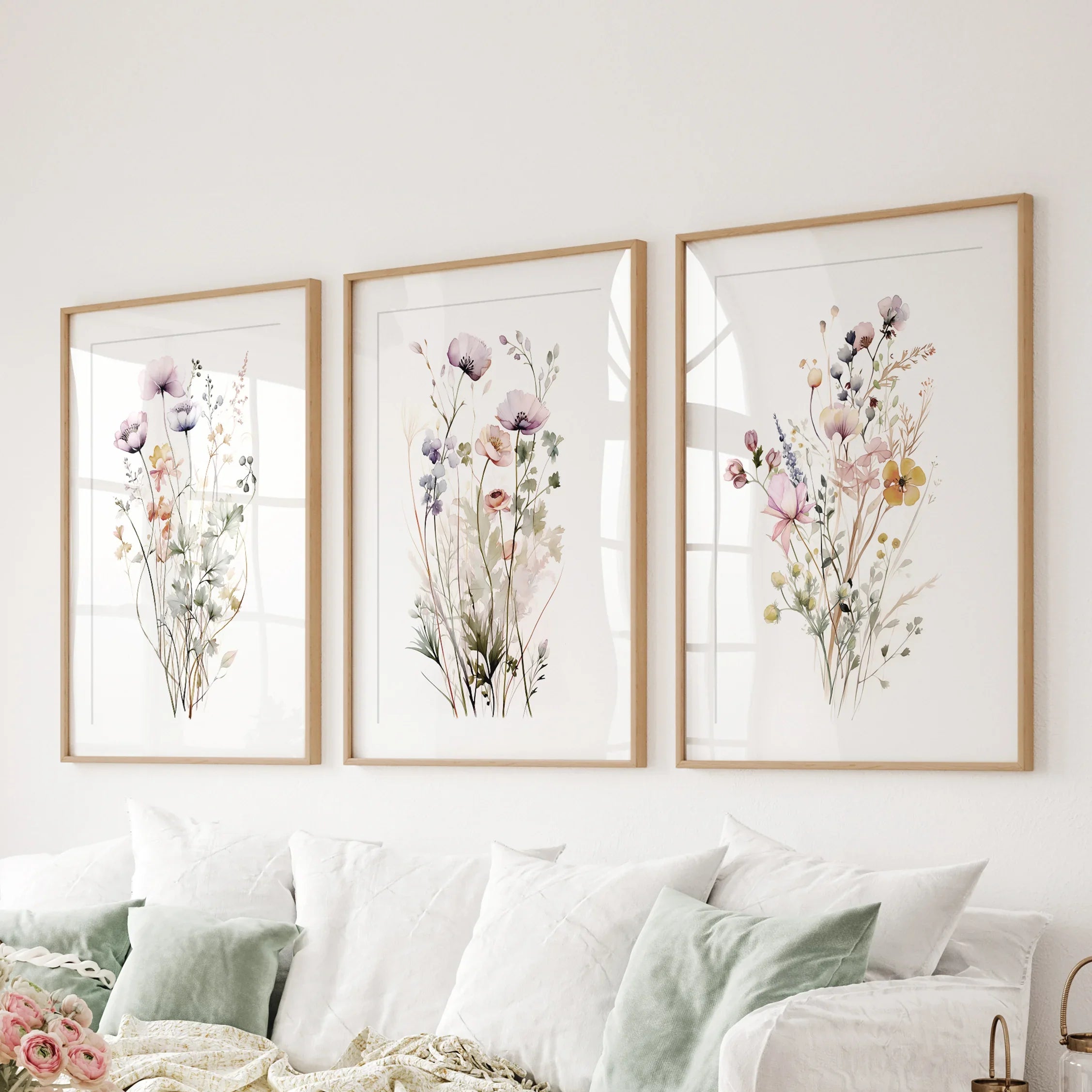 Floral Watercolor Wall Decor. Elegant Garden Set of 3 Prints