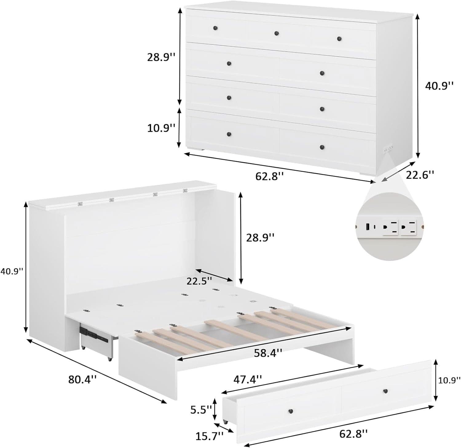 Queen Murphy Bed Cabinet With Storage And Charging Station Distressed White