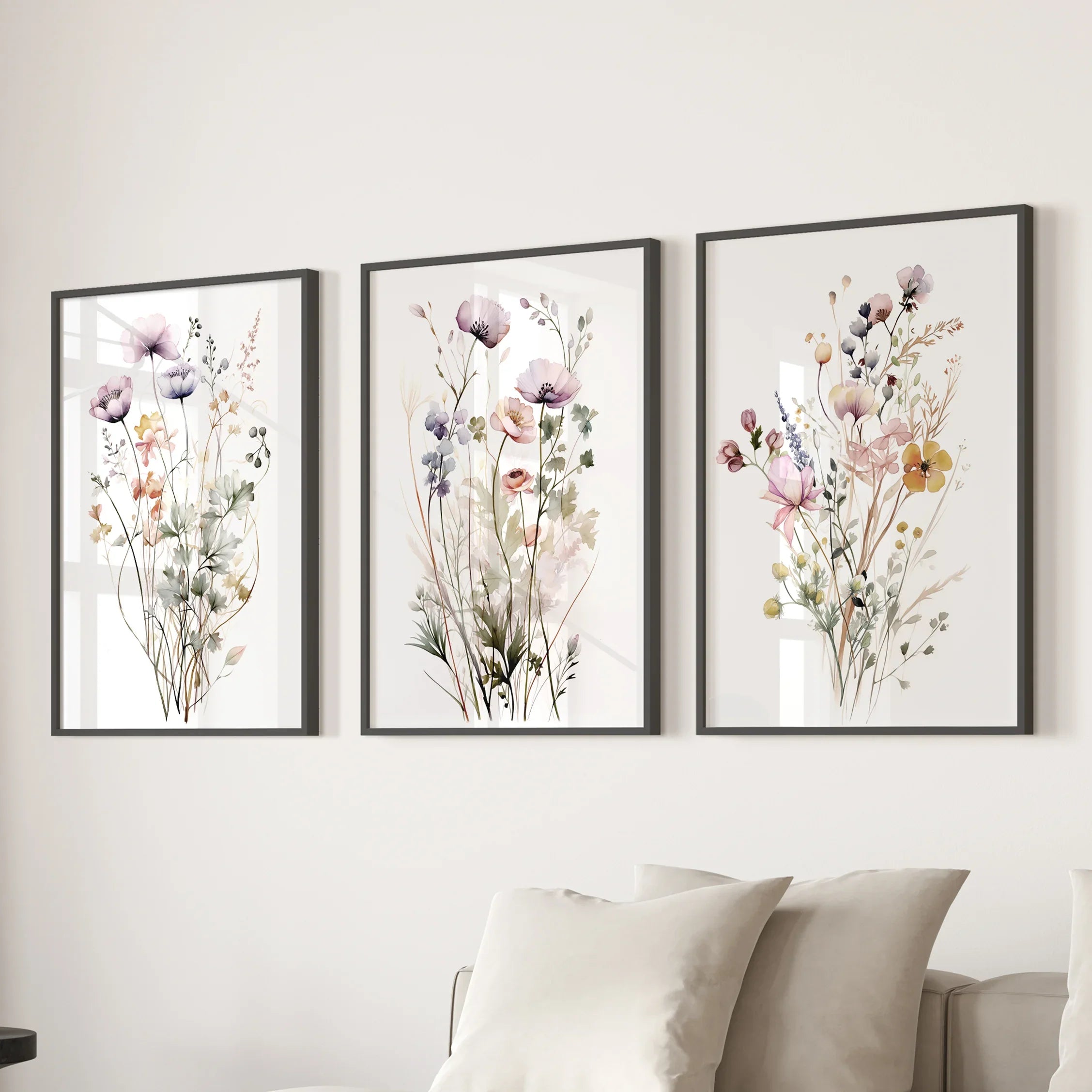 Floral Watercolor Wall Decor. Elegant Garden Set of 3 Prints