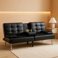 Black Leather Futon Sofa Bed With Adjustable Armrests And Cup Holders