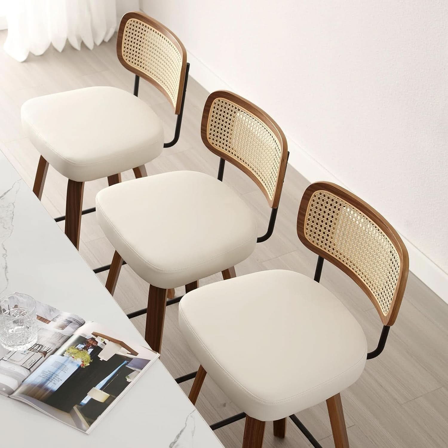 Swivel Counter Height Bar Stools Set of 4 Cream Upholstered Rattan Back