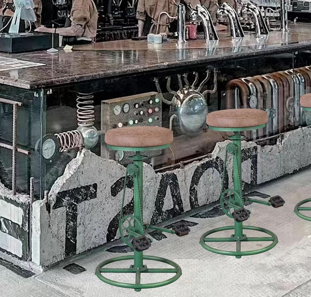 Antique Green Height Adjustable Bar Stool Set Of 2 With Bicycle Wheel Design