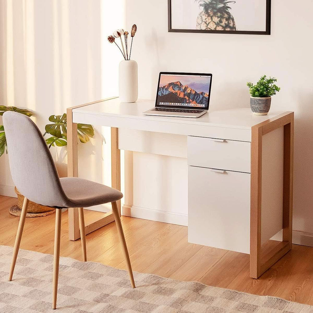 Wooden Home Office Desk With Drawer And Cabinet In White And Natural